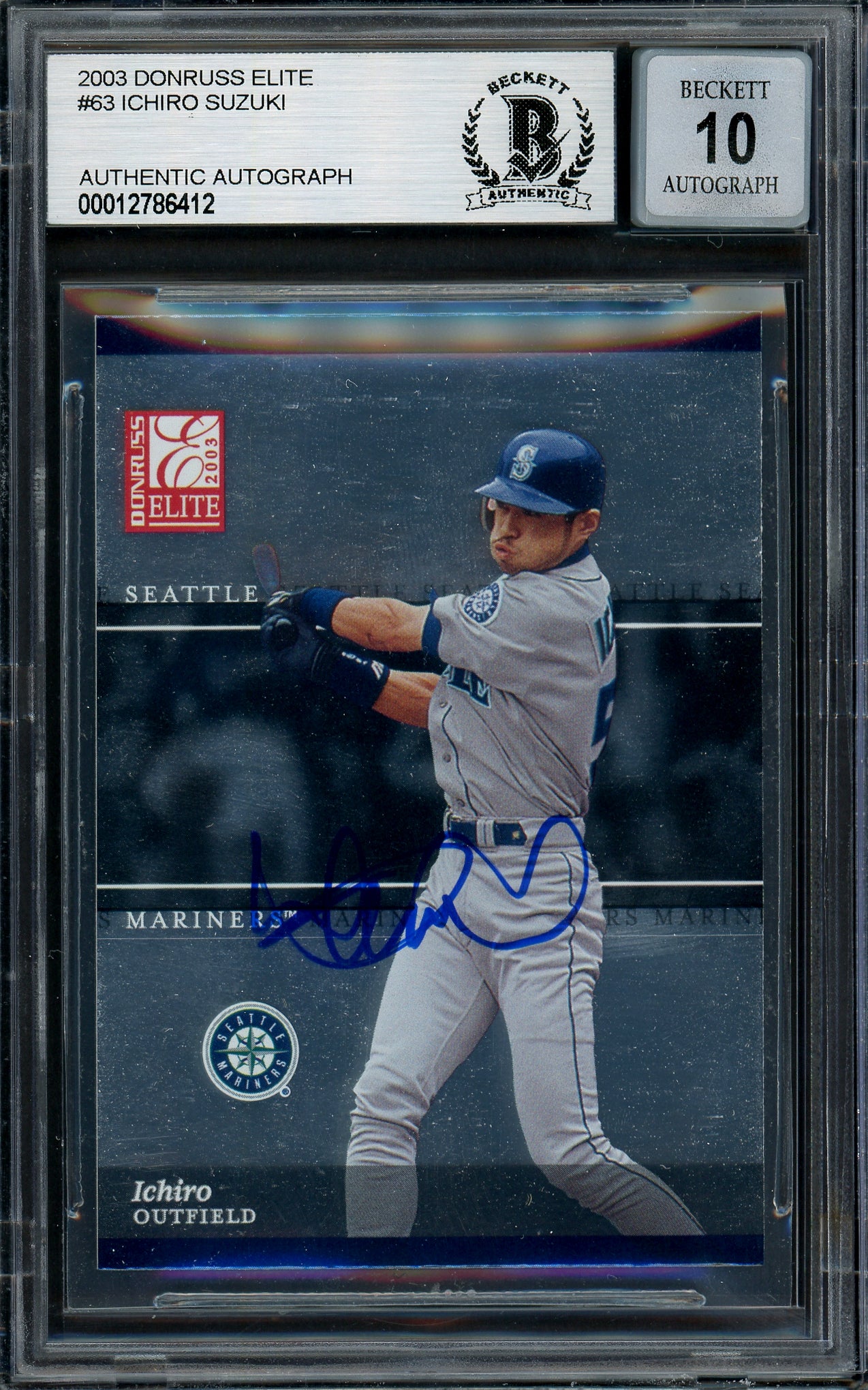 Ichiro Suzuki Autographed 2003 Donruss Elite Card #63 Seattle Mariners Auto Grade Gem Mint 10 Beckett BAS #12786412