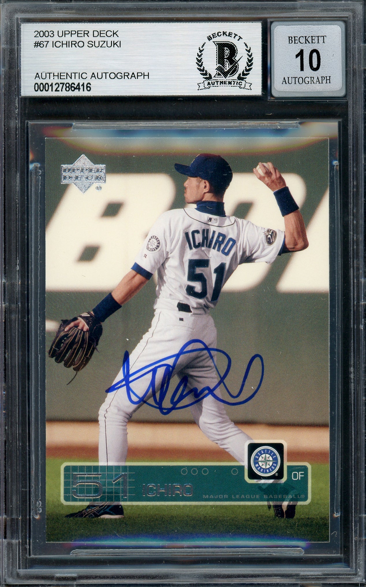 Ichiro Suzuki Autographed 2003 Upper Deck Card #67 Seattle Mariners Auto Grade Gem Mint 10 Beckett BAS Stock #194343