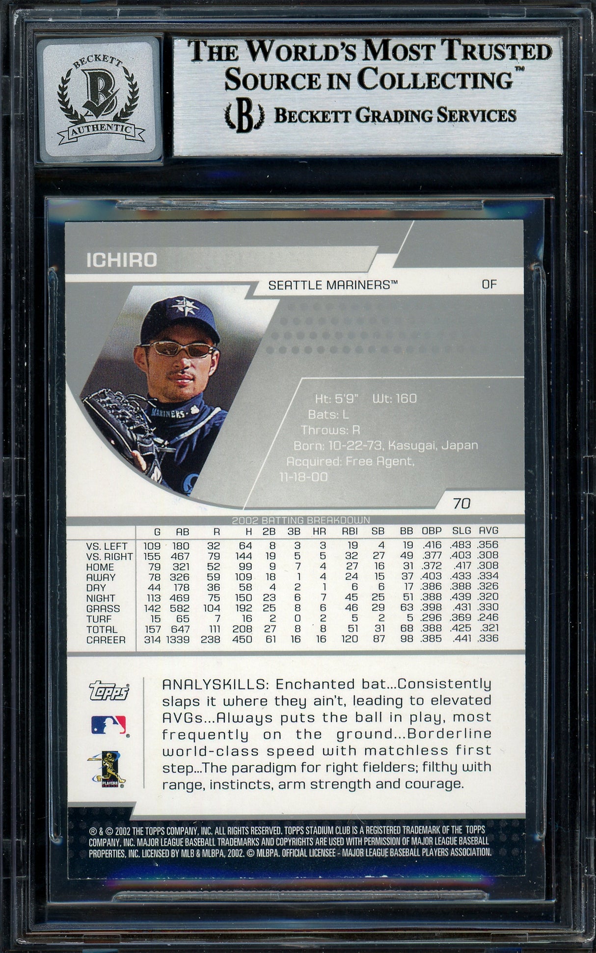 Ichiro Suzuki Autographed 2003 Topps Stadium Club Card #70 Seattle Mariners Auto Grade Gem Mint 10 Beckett BAS Stock #194344