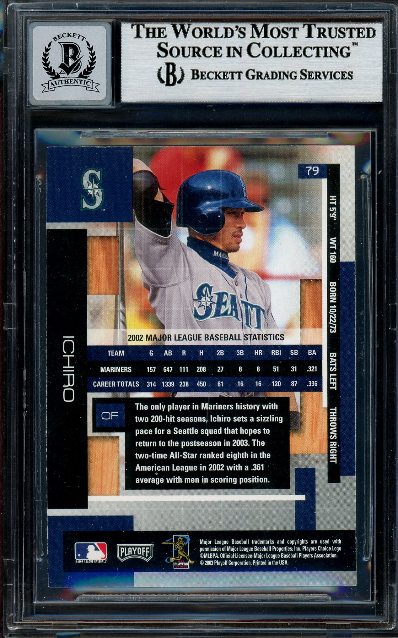 Ichiro Suzuki Autographed 2003 Playoff Absolute Memorabilia Card #79 Seattle Mariners Auto Grade Gem Mint 10 Beckett BAS #12786424