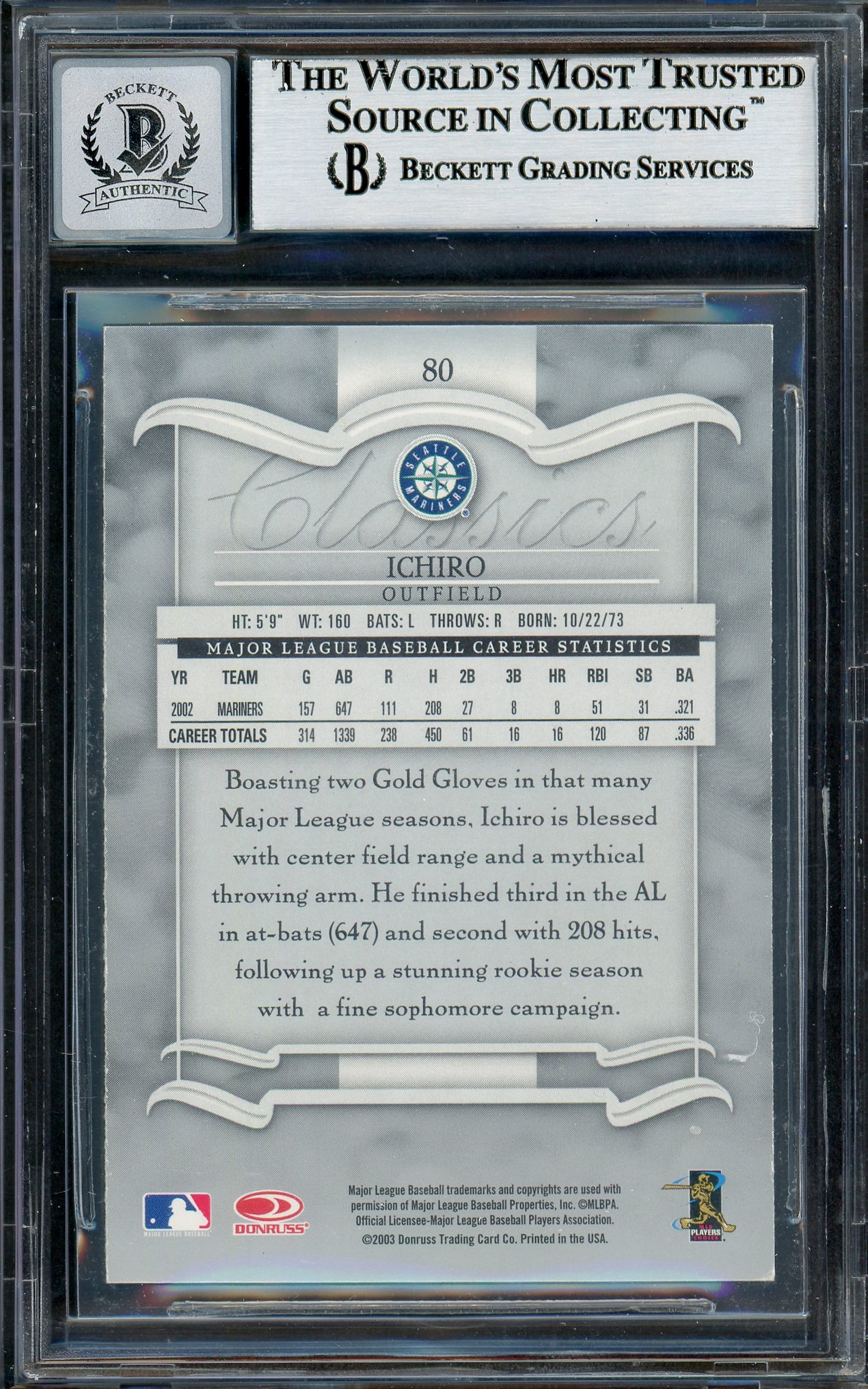 Ichiro Suzuki Autographed 2003 Donruss Classics Card #80 Seattle Mariners Auto Grade Gem Mint 10 Beckett BAS Stock #194348