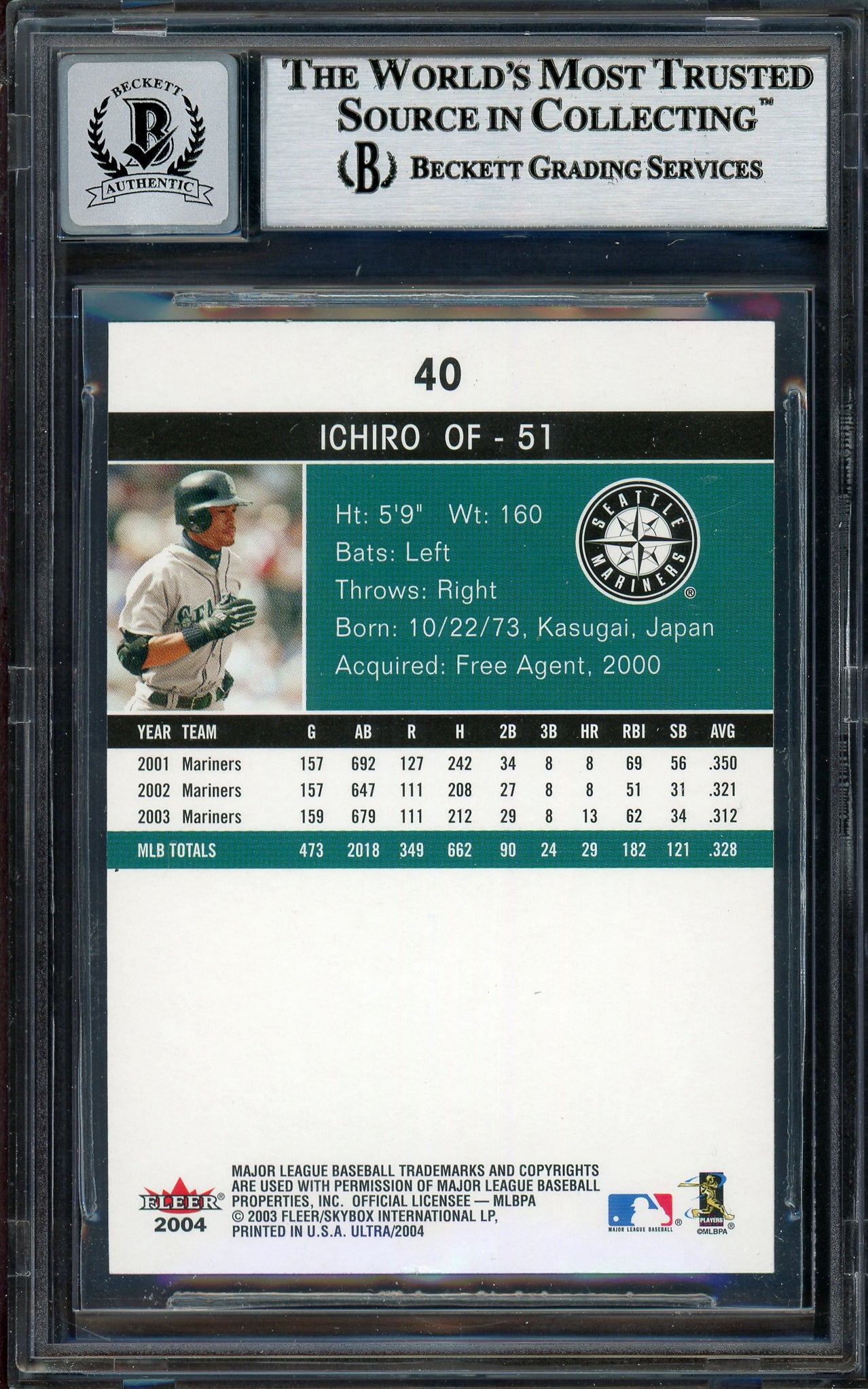Ichiro Suzuki Autographed 2004 Fleer Ultra Card #40 Seattle Mariners Auto Grade Gem Mint 10 Beckett BAS #12786430
