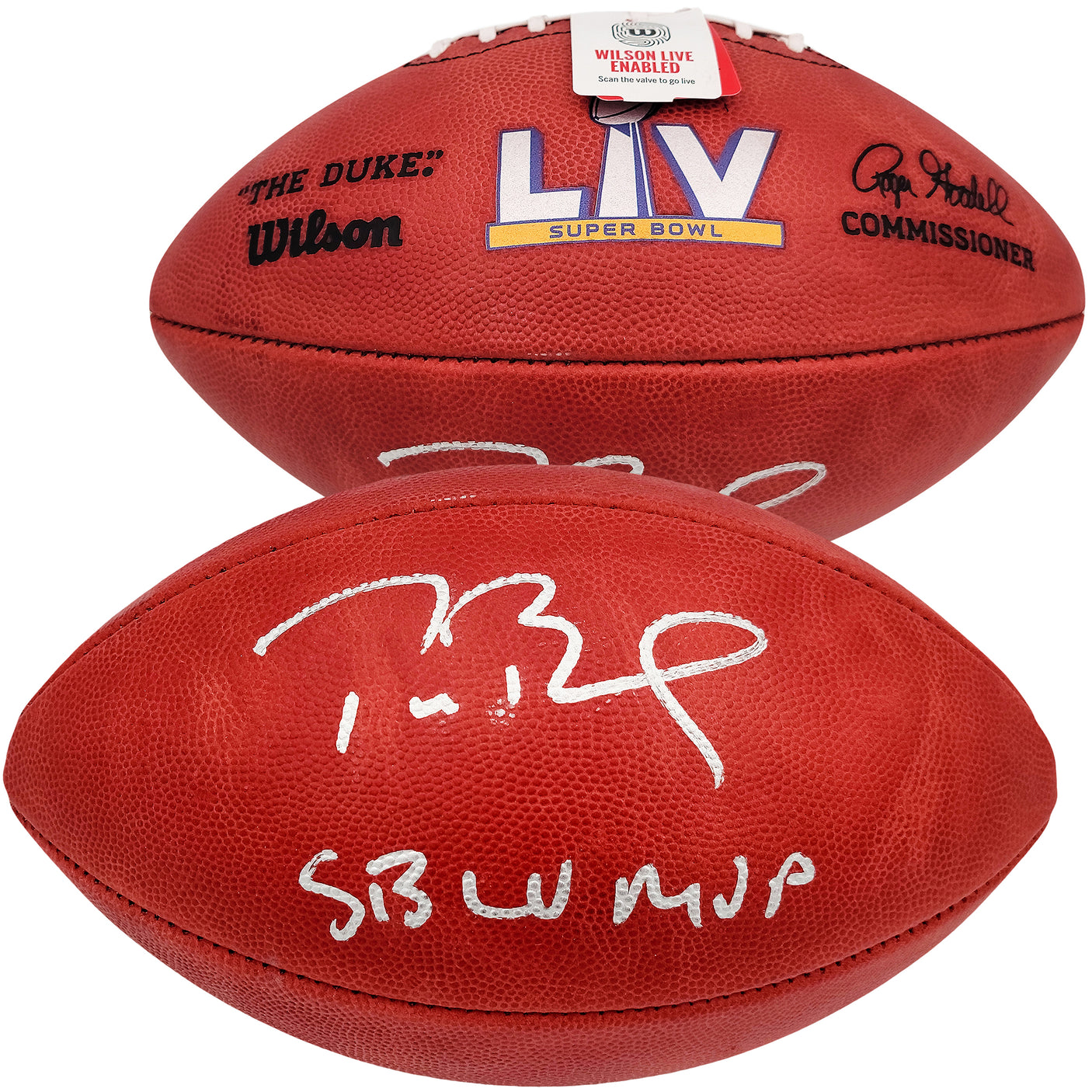 Tom Brady Autographed Official NFL Leather Super Bowl LV Logo Football "SB LV MVP" Fanatics Holo #AA0104061