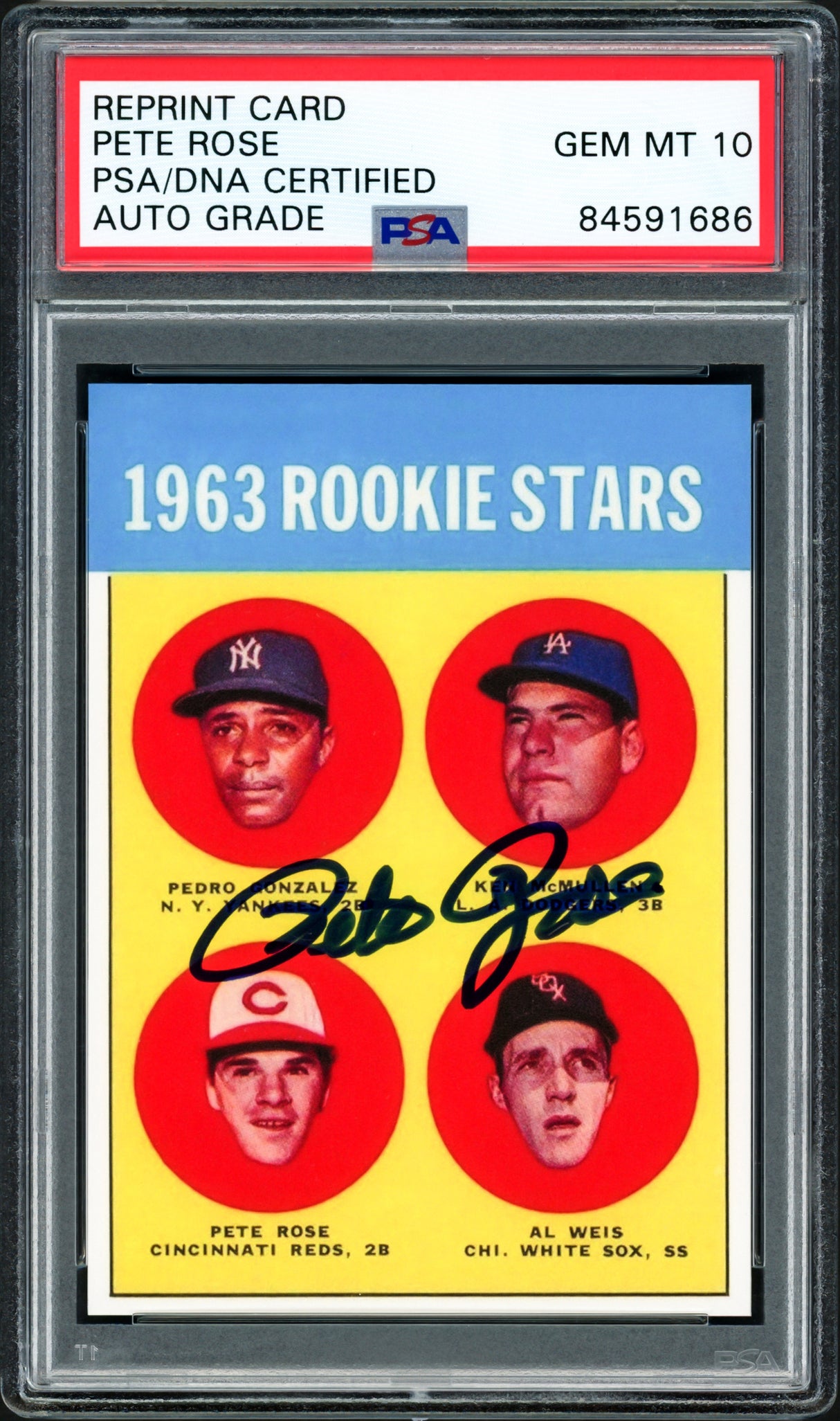 Pete Rose Autographed 1963 Topps Rookie Retro Reprint Card #537 Cincinnati Reds Auto Grade Gem Mint 10 PSA/DNA Stock #203895