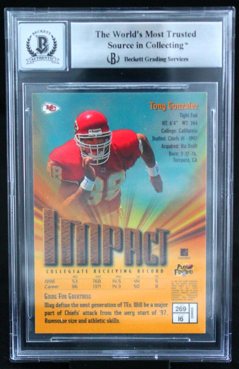 1997 Finest #269 Tony Gonzalez Kansas City Chiefs BGS Autograph 10