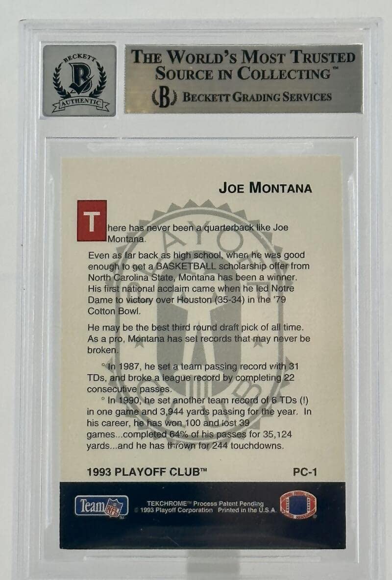 1993 Playoff Club #PC1 Joe Montana Auto Kansas City Chiefs BGS Autograph 10