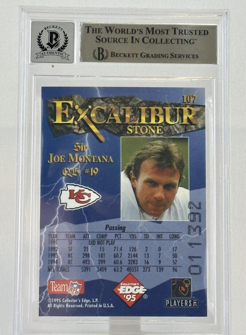 1995 Collector's Edge Excalibur #107 Joe Montana Auto KC Chiefs BGS Autograph 10