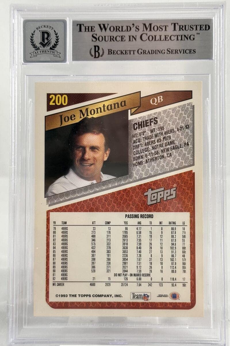 1993 Topps #200 Joe Montana Auto Kansas City Chiefs BGS Autograph 10