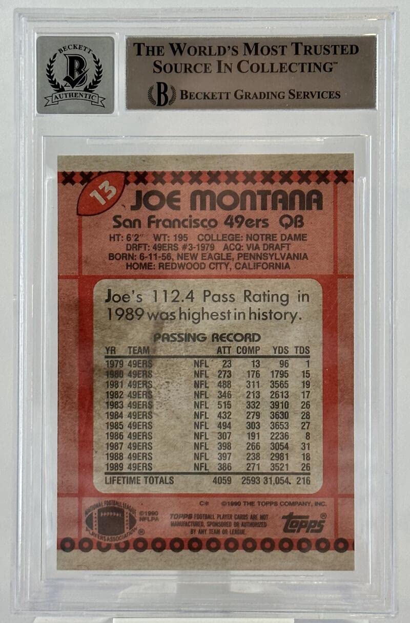 1990 Topps Disclaimer Back #13 Joe Montana Auto San Francisco 49ers BGS Auto 10