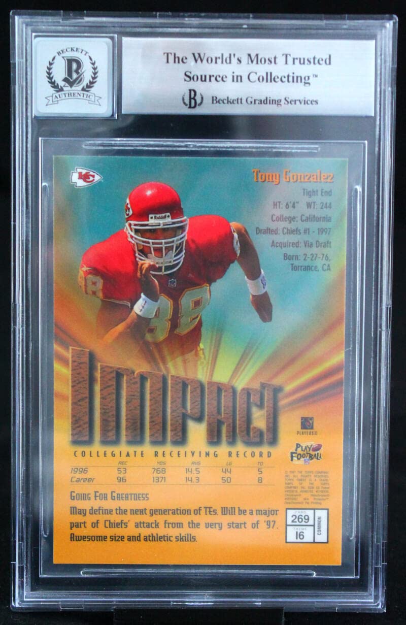 1997 Finest #269 Tony Gonzalez Kansas City Chiefs BGS Autograph 10