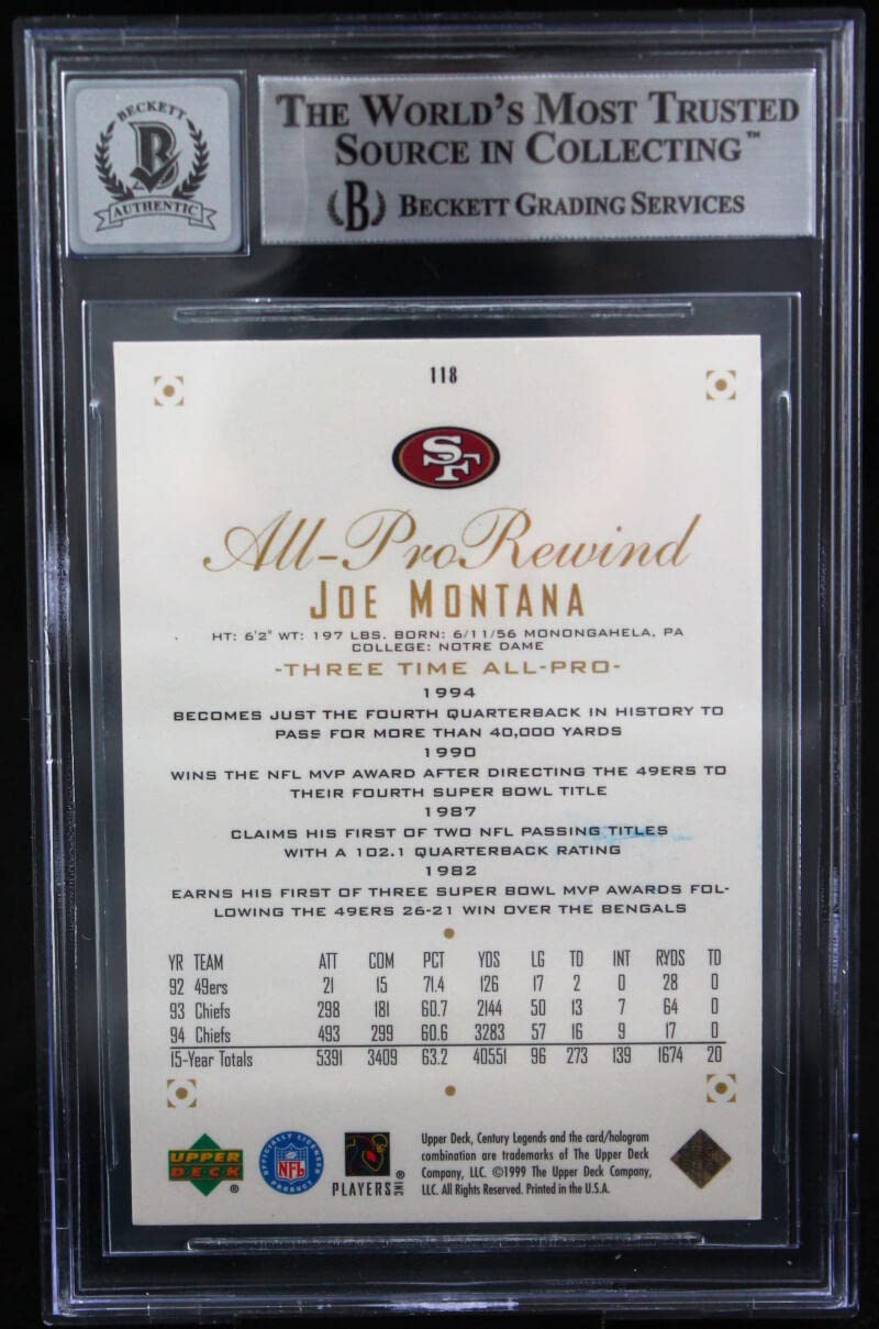 1999 UD Century Legends #118 Joe Montana Auto 49ers BGS Autograph 10