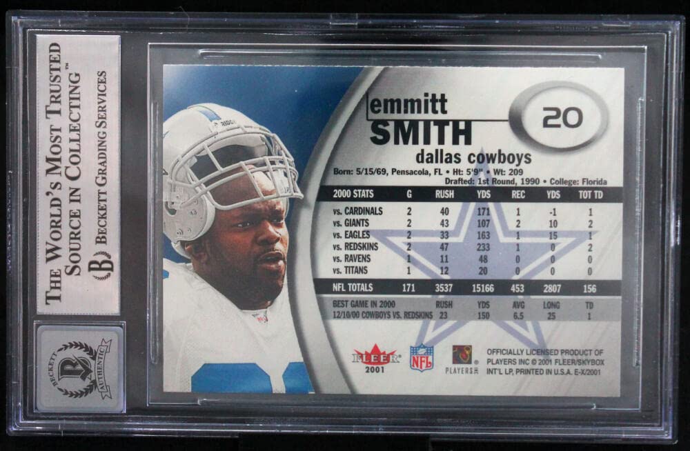 2001 E-X #20 Emmitt Smith Auto Dallas Cowboys BGS Autograph 10