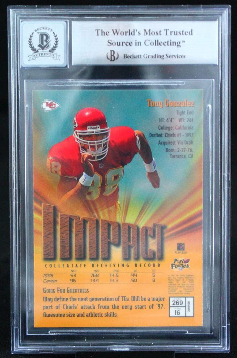 1997 Finest #269 Tony Gonzalez Kansas City Chiefs BGS Autograph 10