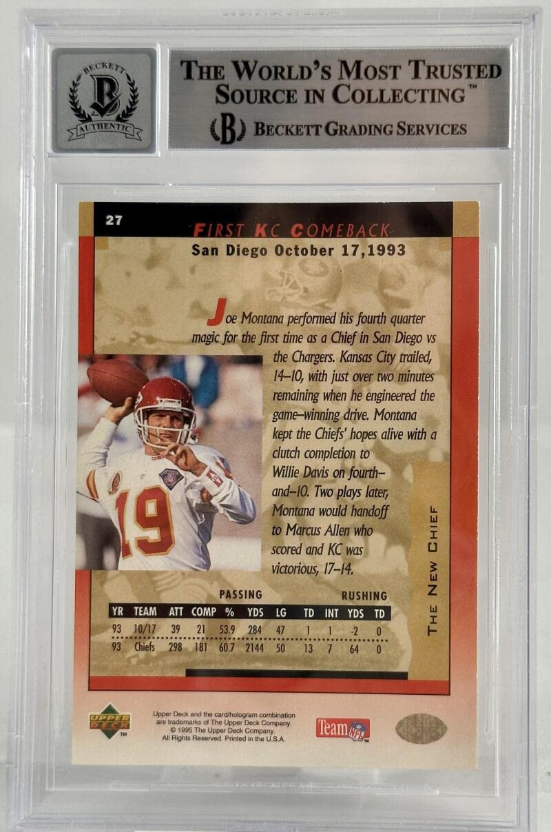 1995 Upper Deck Box Set #27 Joe Montana Auto Kansas City Chiefs BGS Autograph 10
