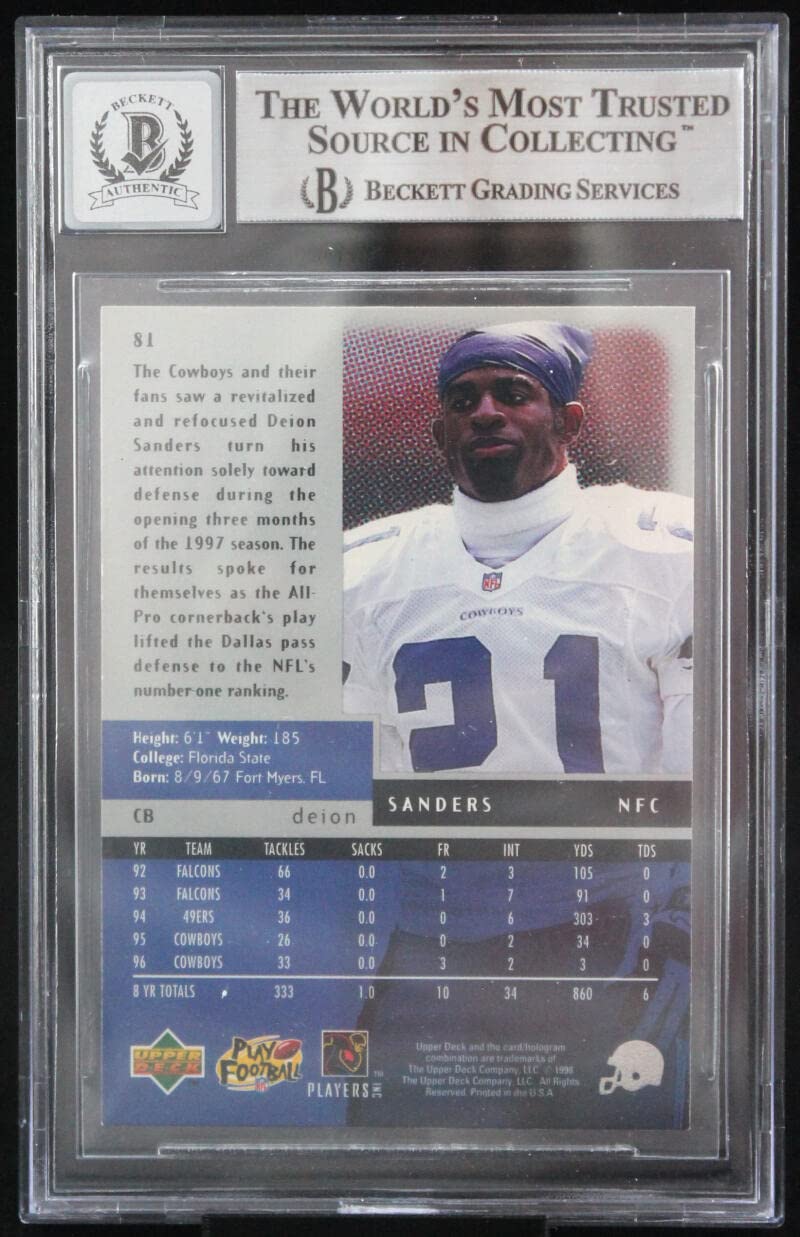 1998 Black Diamond #81 Deion Sanders Dallas Cowboys BGS Autograph 10