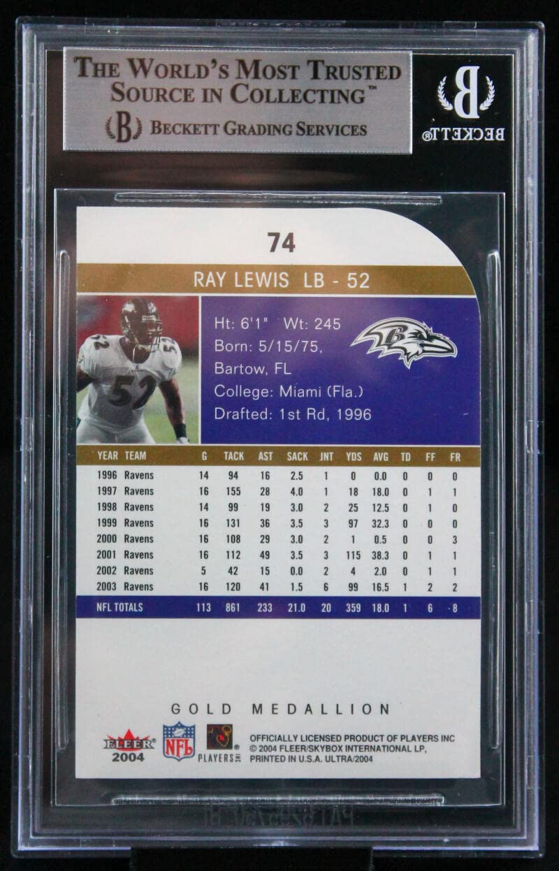 2004 Ultra Gold Medallion #74 Ray Lewis Baltimore Ravens BGS Autograph 10