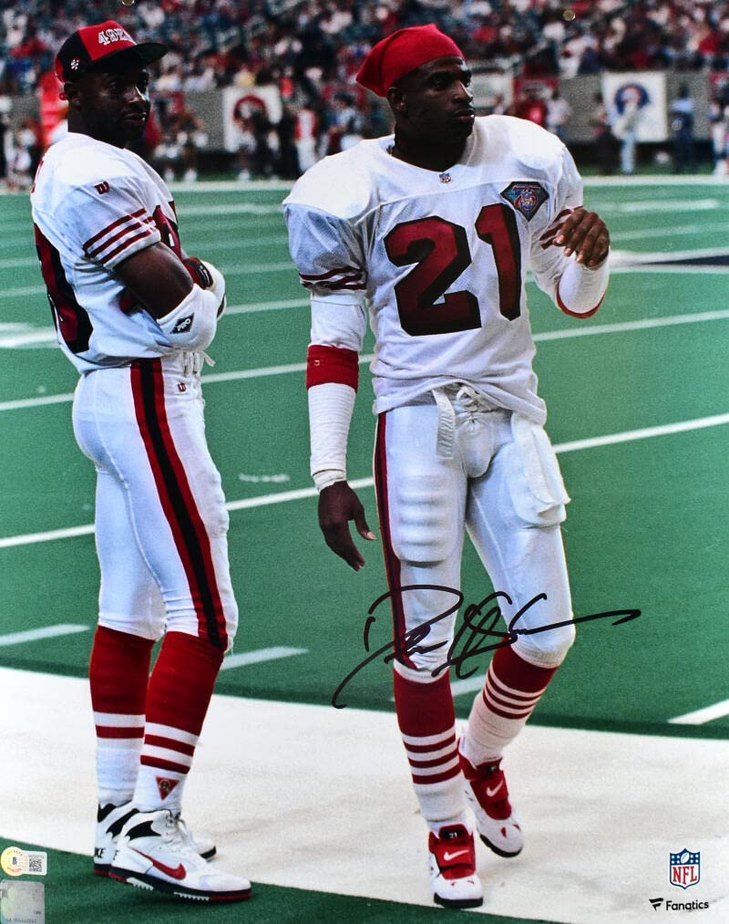 Deion Sanders Autographed 49ers 16x20 Sideline Photo- Beckett W Hologram *Black