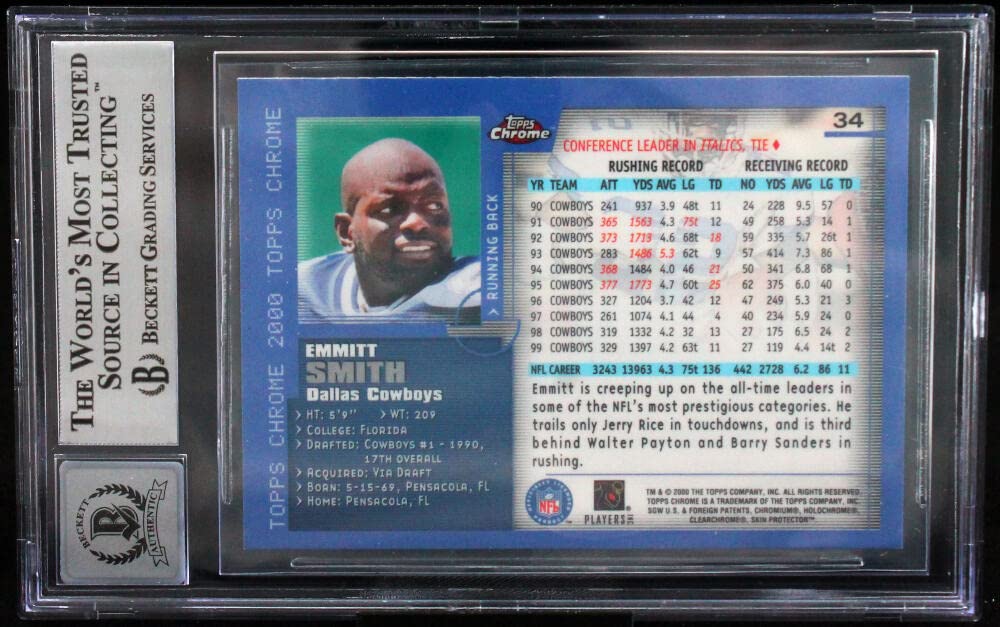 2000 Topps Chrome #34 Emmitt Smith Auto Dallas Cowboys BGS Autograph 10