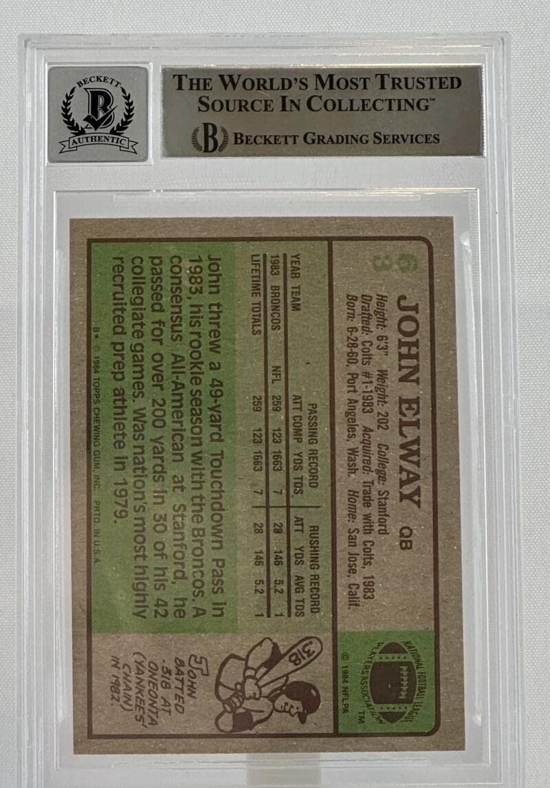 1984 Topps #63 John Elway Auto Denver Broncos BGS Autograph 10