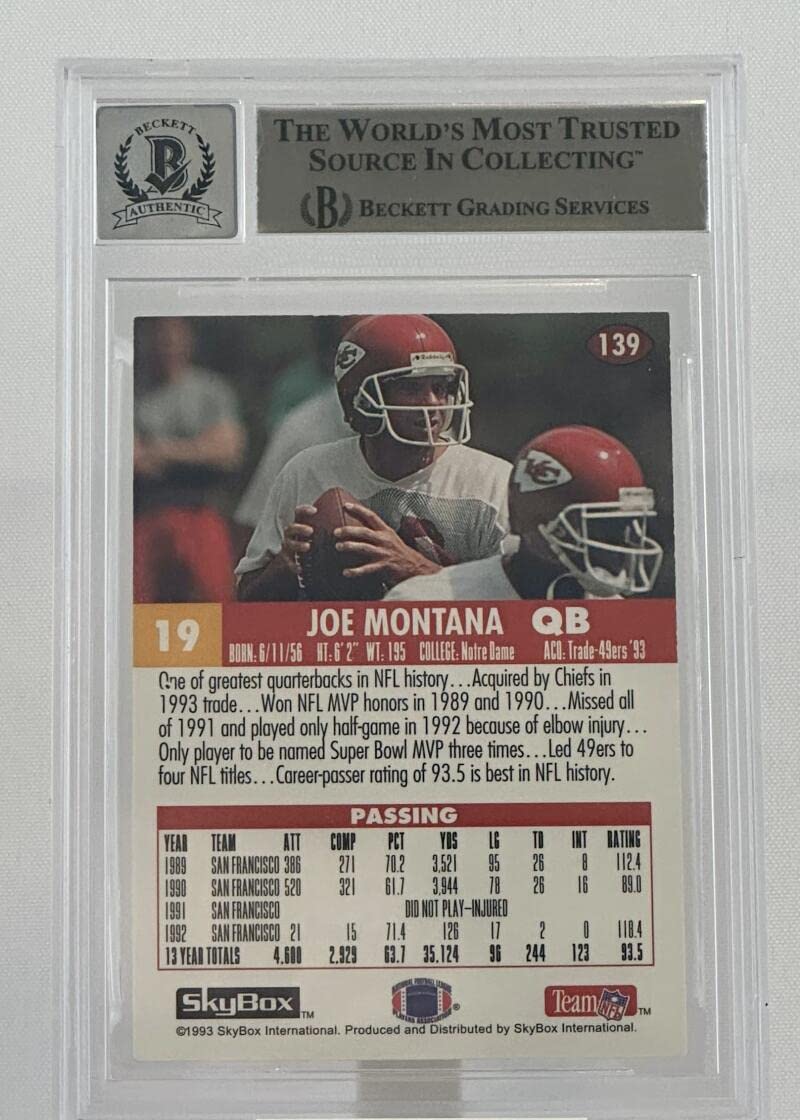 1993 Skybox Impact #139 Joe Montana Auto Kansas City Chiefs BGS Autograph 10