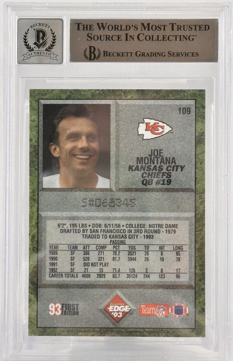 1993 Collector's Edge #109 Joe Montana Auto Kansas City Chiefs BGS Autograph 10