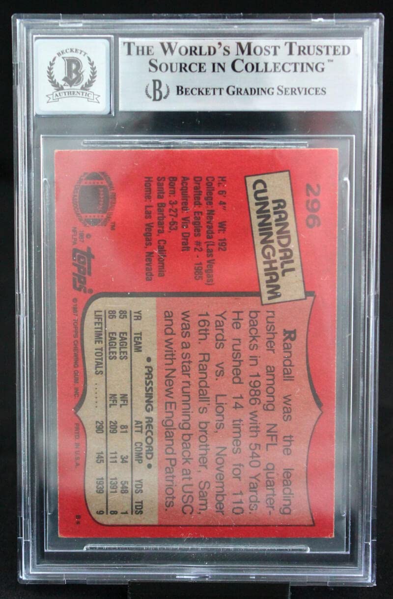 1987 Topps #296 Randall Cunningham Philadelphia Eagles BGS Autograph 10