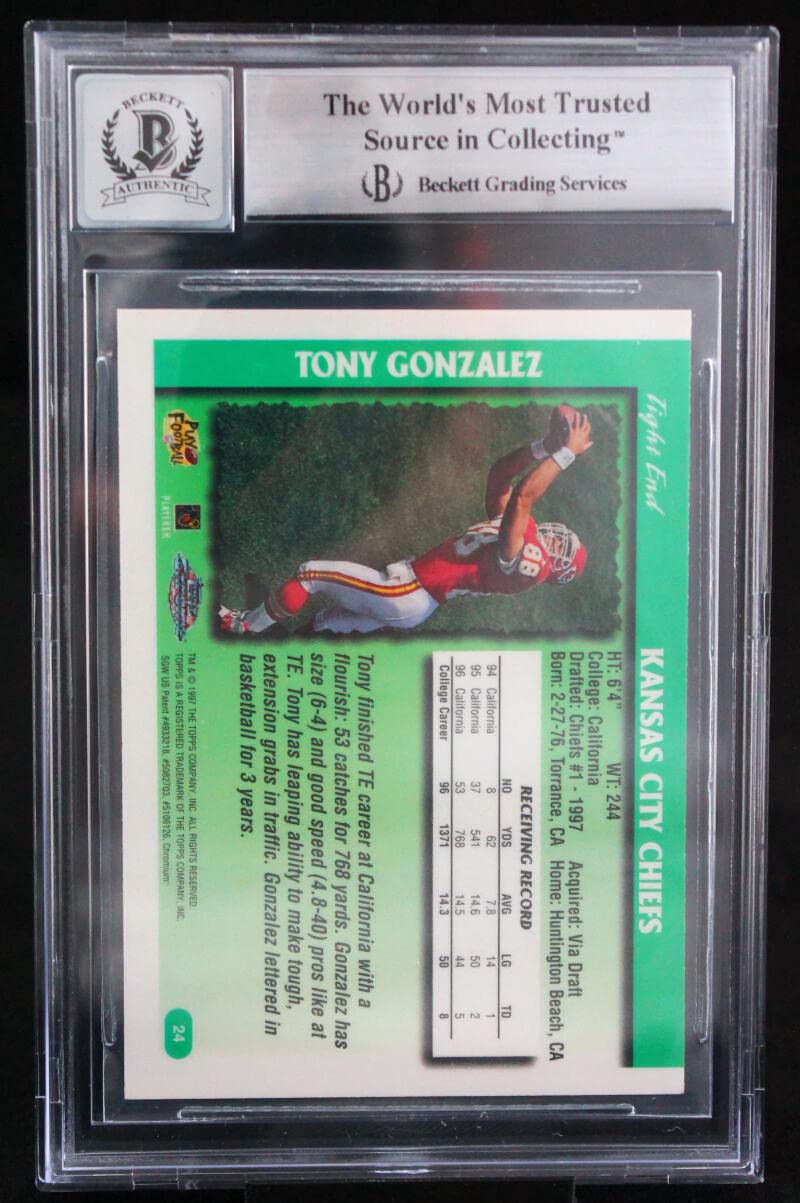 1997 Topps Chrome #24 Tony Gonzalez Kansas City Chiefs BGS Autograph 10