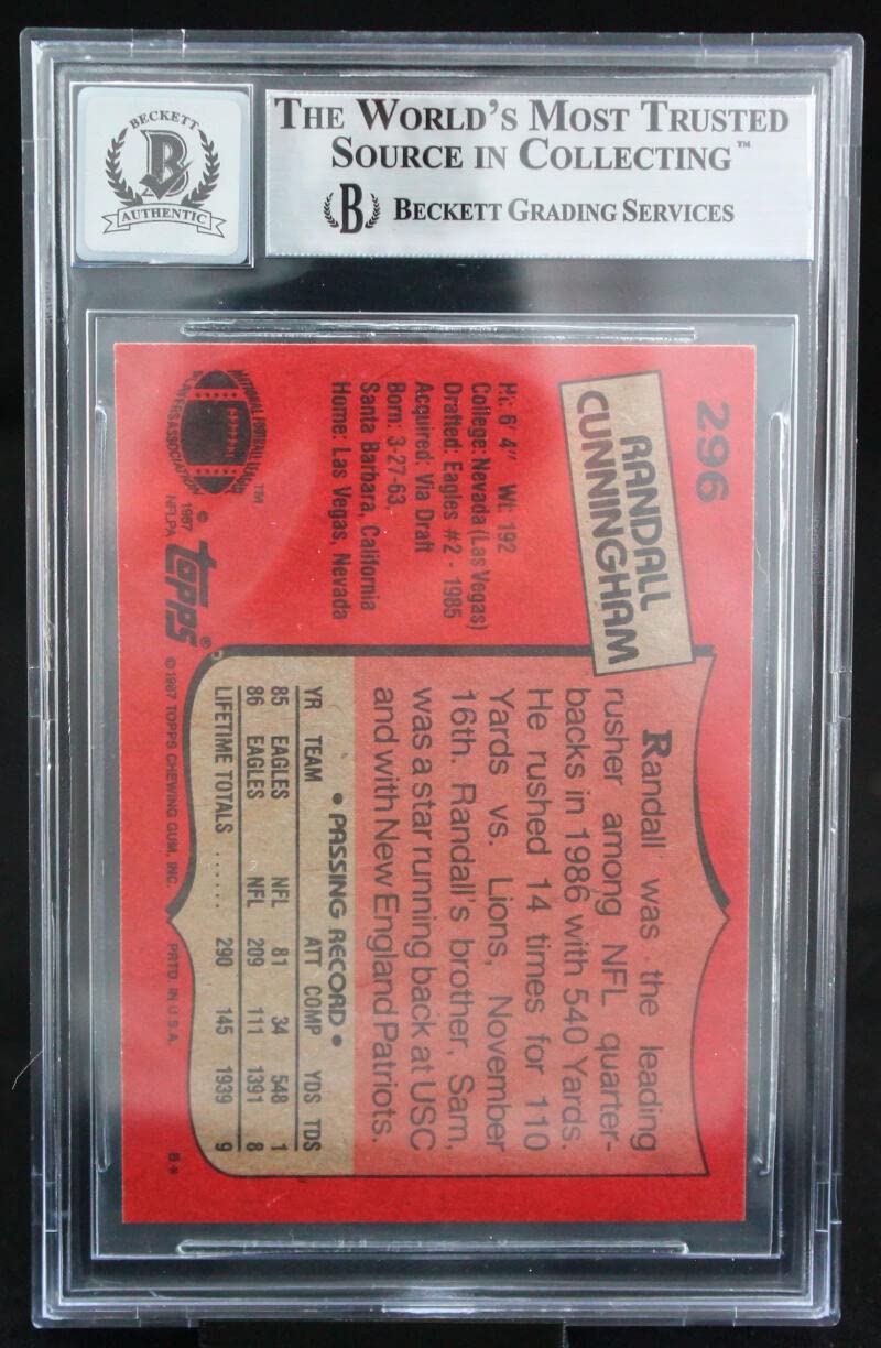 1987 Topps #296 Randall Cunningham Philadelphia Eagles BGS Autograph 10