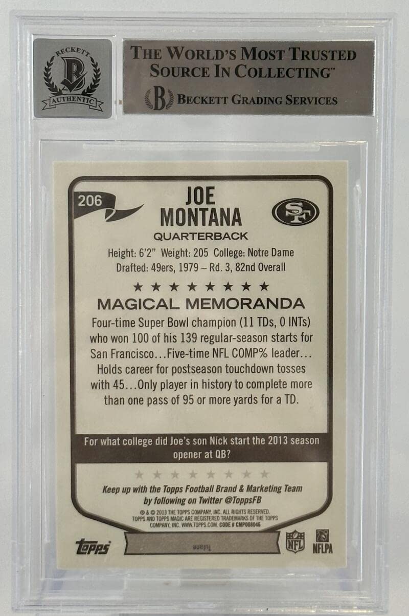 2013 Topps Magic #206 Joe Montana Auto San Francisco 49ers BGS Autograph 10