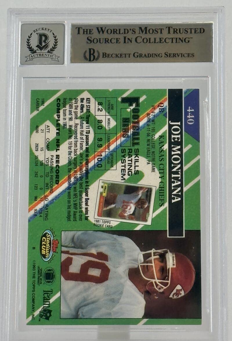 1993 Stadium Club #440 Joe Montana Auto Kansas City Chiefs BGS Autograph 10