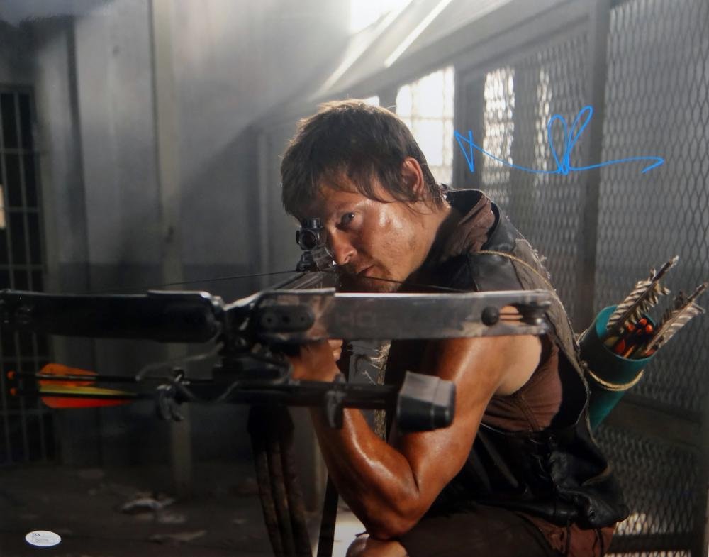 Norman Reedus Signed Walking Dead 16x20 Crouching W/ Crossbow Photo *Teal JSA Au