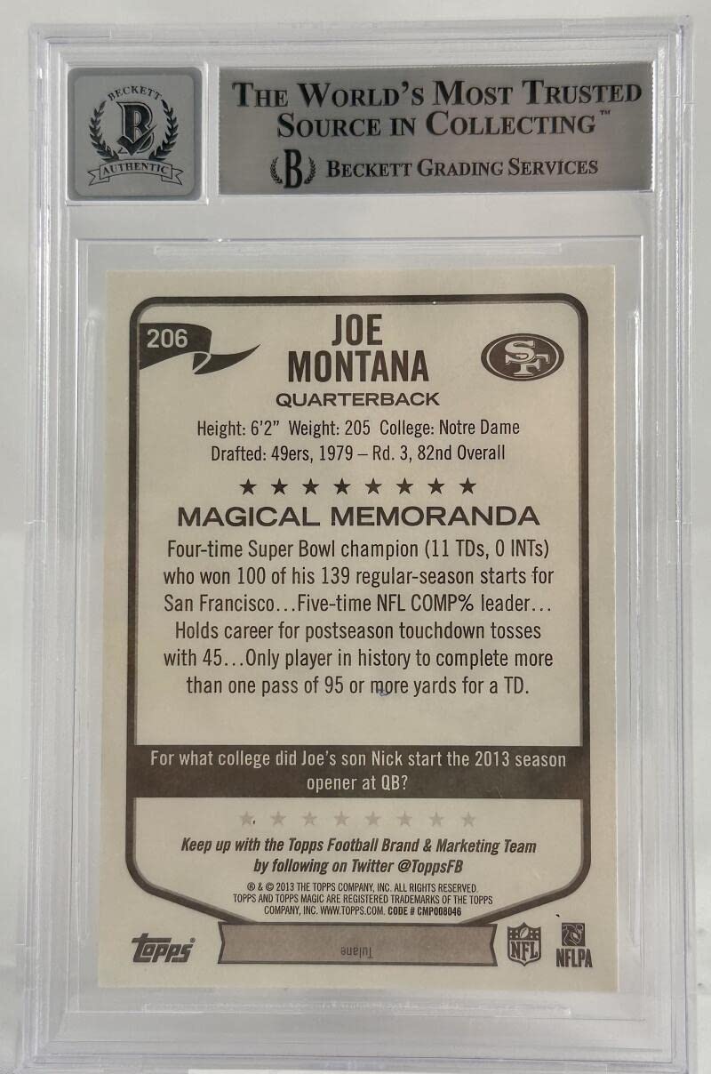 2013 Topps Magic #206 Joe Montana Auto San Francisco 49ers BGS Autograph 10