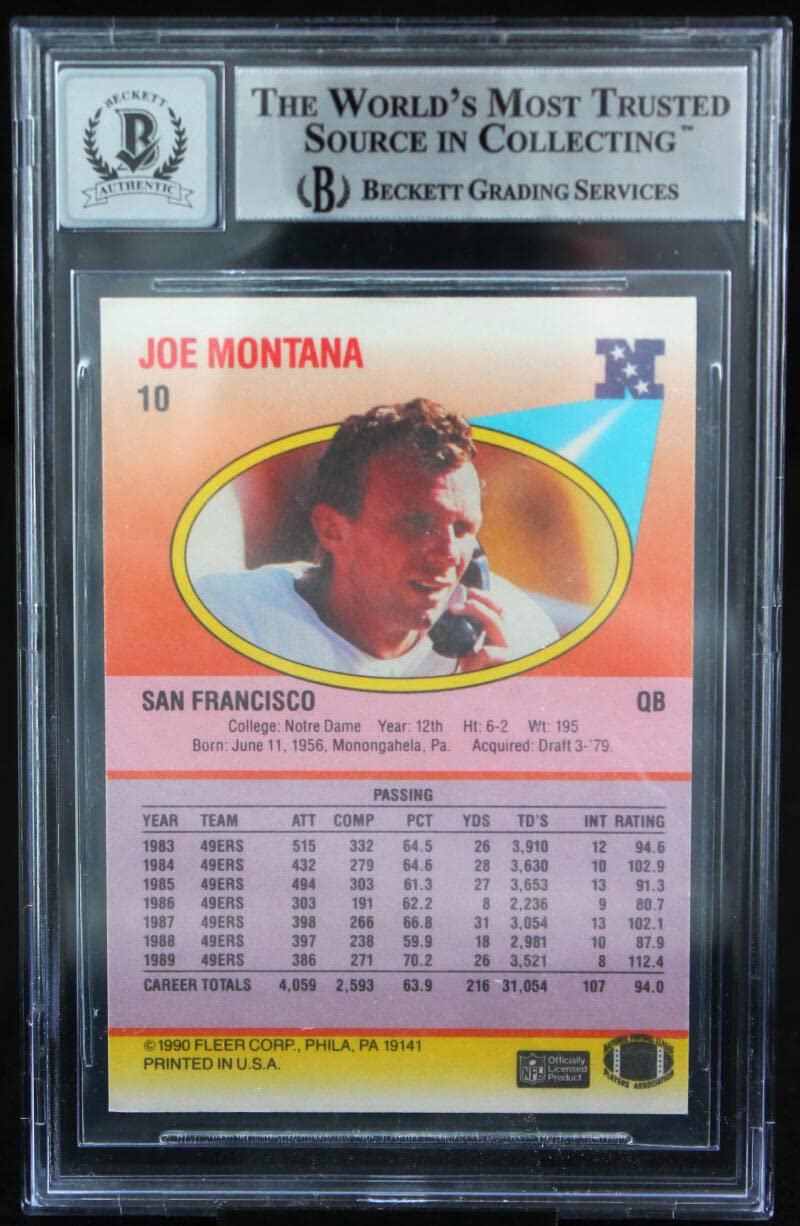 1990 Fleer #10A Joe Montana Auto San Francisco 49ers BGS Autograph 10