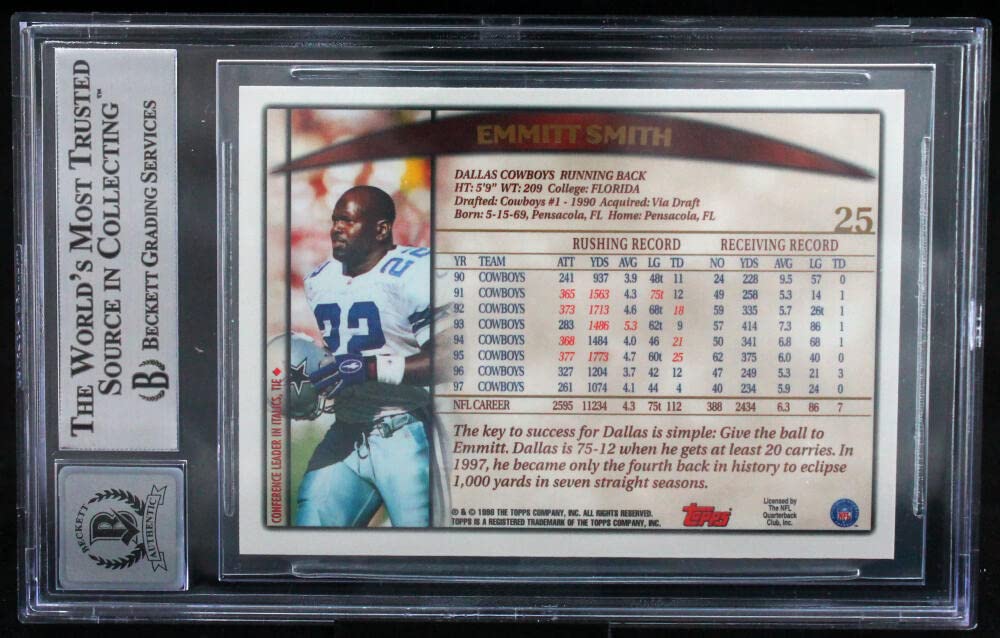 1998 Topps #25 Emmitt Smith Dallas Cowboys BGS Autograph 10