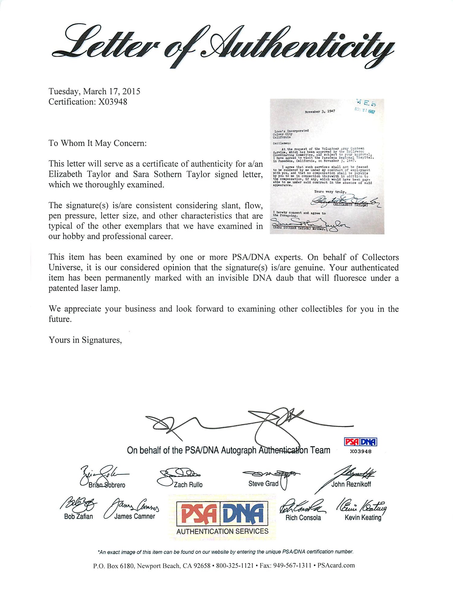 Elizabeth Taylor Signed 8.5x11 Letter Dated November 3rd 1947 PSA/DNA #X03948