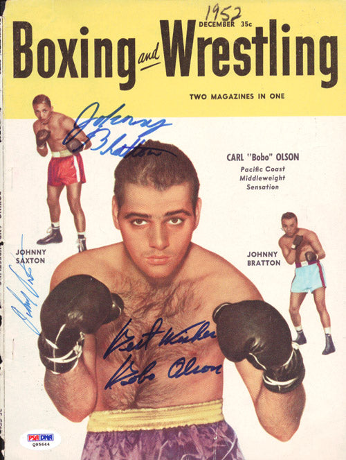 Johnny Saxton, Carl "Bobo" Olson & Johnny Bratton Autographed Boxing & Wrestling Magazine Cover PSA/DNA #Q95644