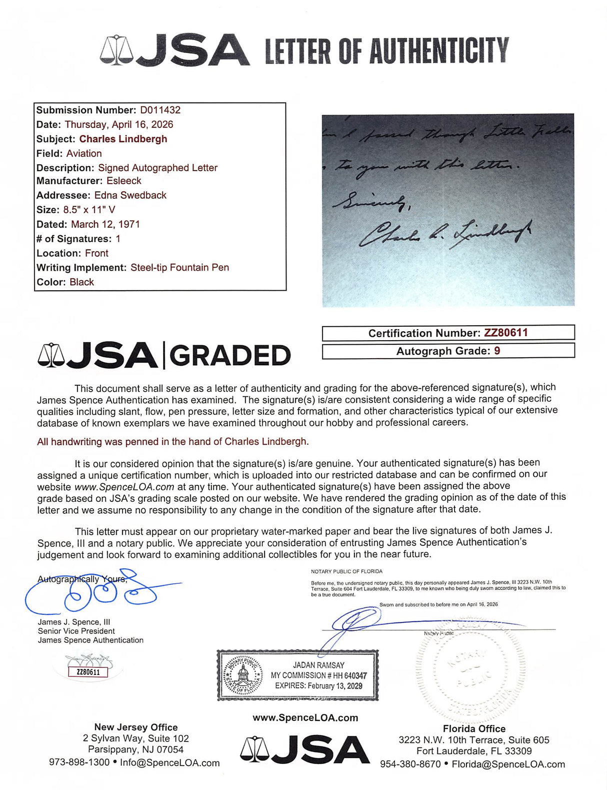 Charles Lindbergh Signed 8.5x11 1971 Handwritten Letter Auto 9! JSA #ZZ80611