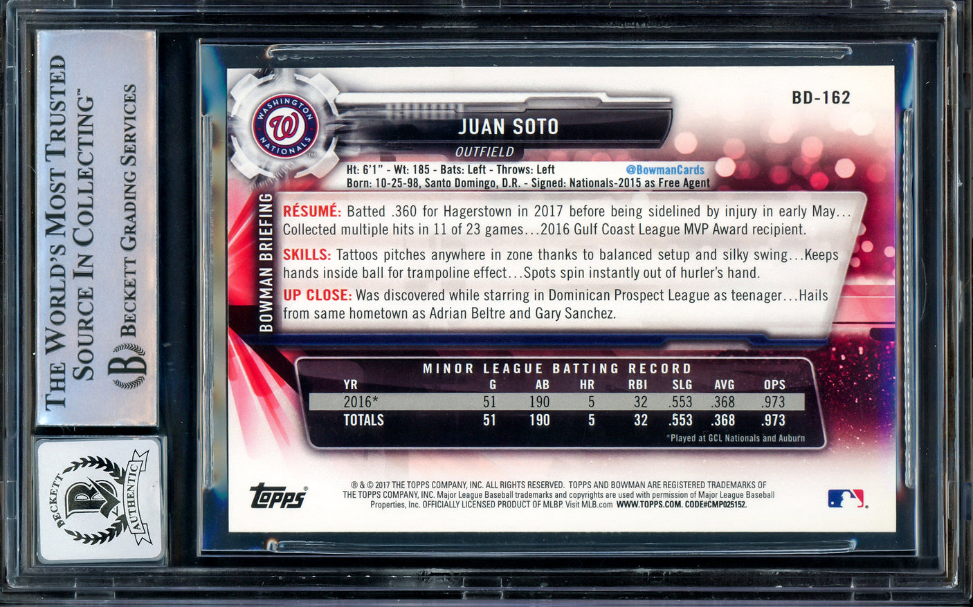 Juan Soto Autographed 2017 Bowman Draft Rookie Card #BD162 New York Mets Auto Grade Gem Mint 10 Beckett BAS Stock #205932