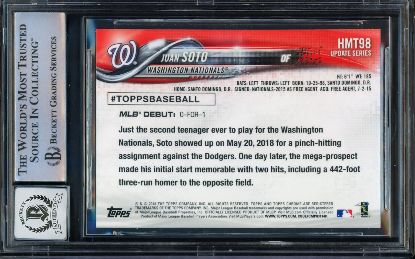 Juan Soto Autographed 2018 Topps Chrome Update Rookie Card #HMT98 New York Mets Auto Grade Gem Mint 10 Beckett BAS #14235345