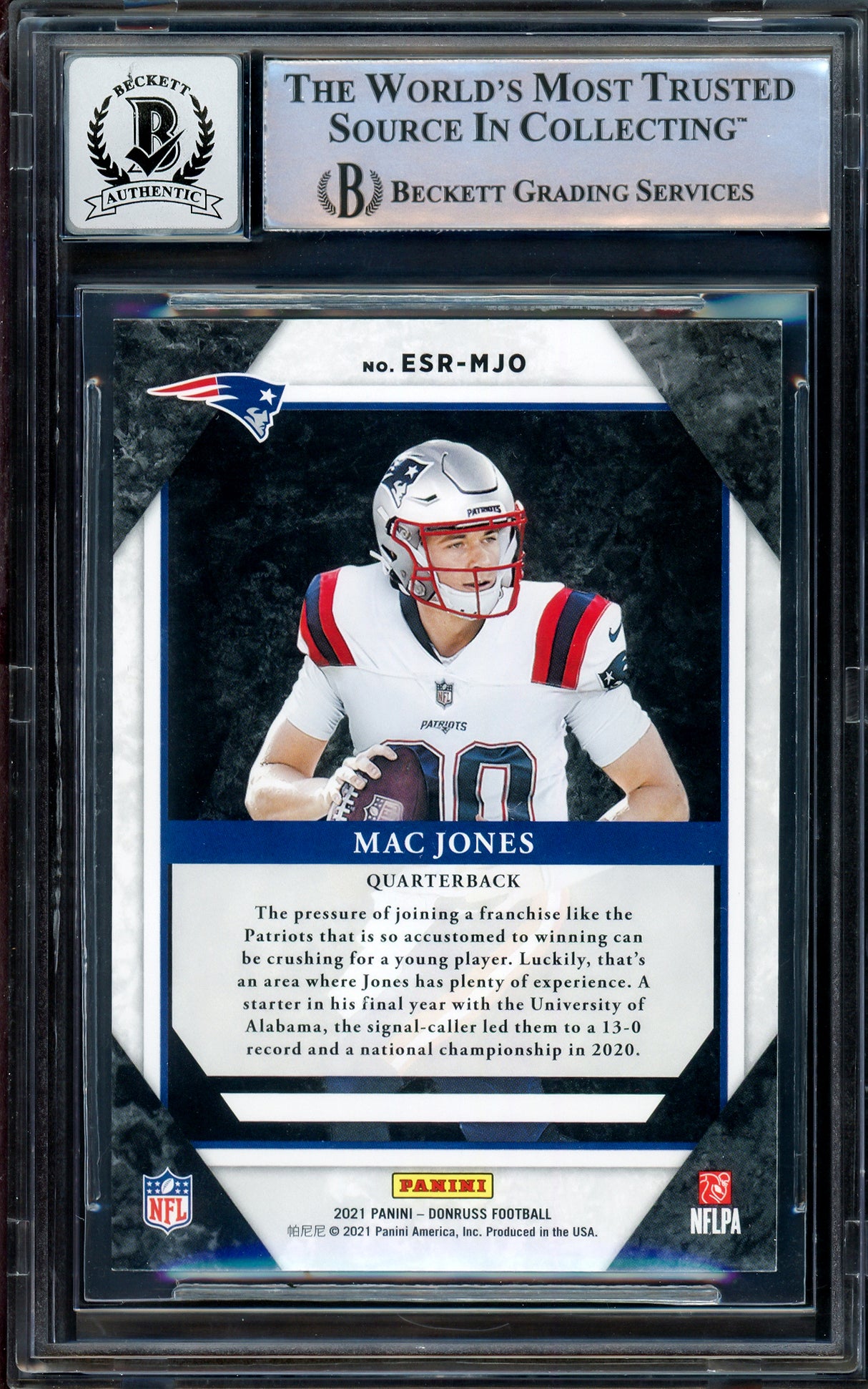 Mac Jones Autographed 2021 Panini Donruss Elite Series Rookie Card #ESR-MJO New England Patriots Auto Grade Gem Mint 10 Beckett BAS Stock #205971