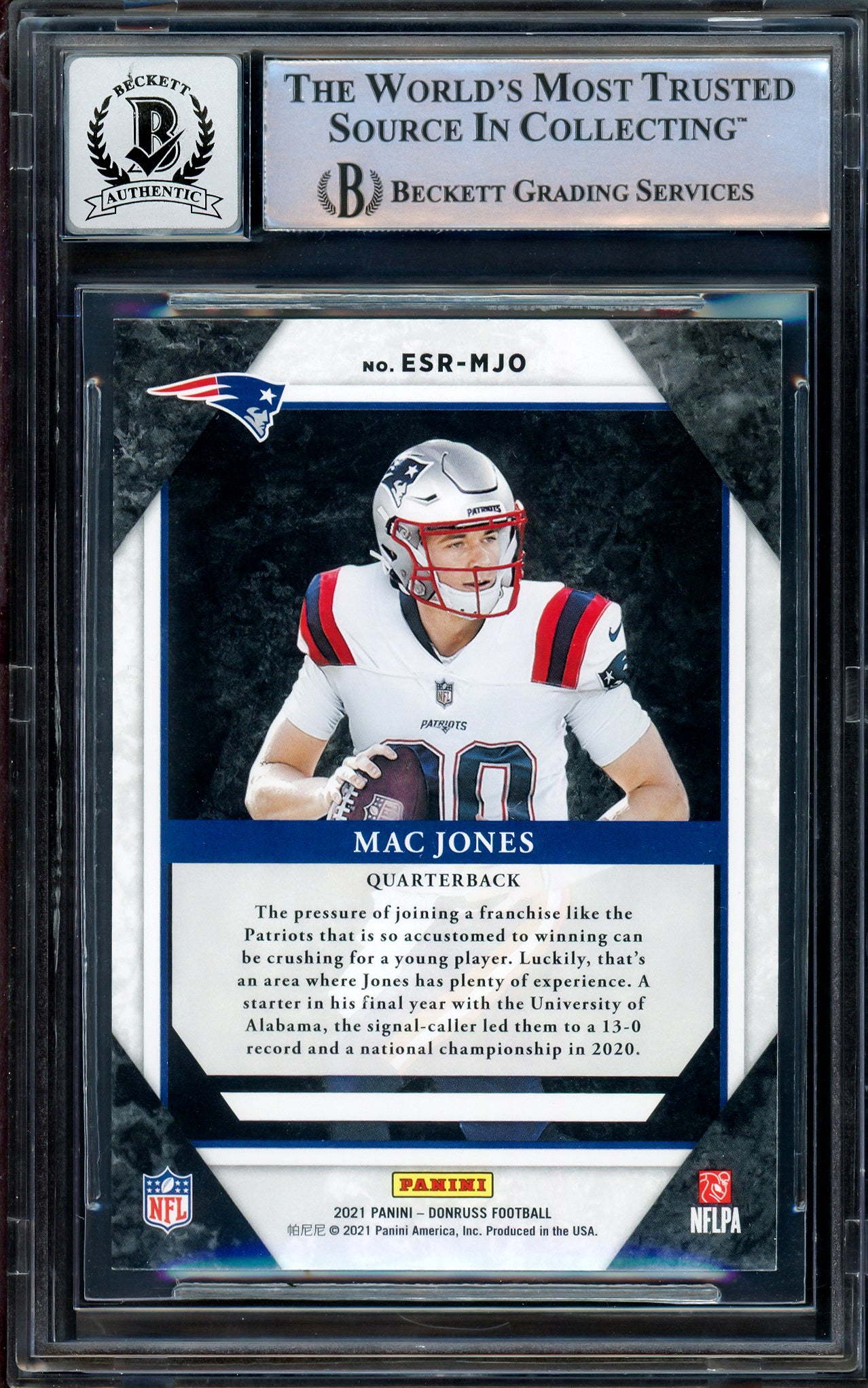 Mac Jones Autographed 2021 Panini Donruss Elite Series Rookie Card #ESR-MJO New England Patriots Auto Grade Gem Mint 10 Beckett BAS Stock #205971