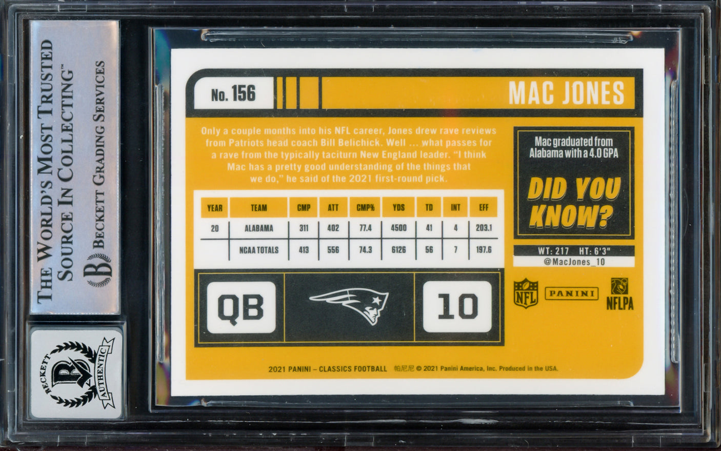 Mac Jones Autographed 2021 Panini Classics Chrome Rookie Card #156 New England Patriots Auto Grade Gem Mint 10 Beckett BAS #14235998