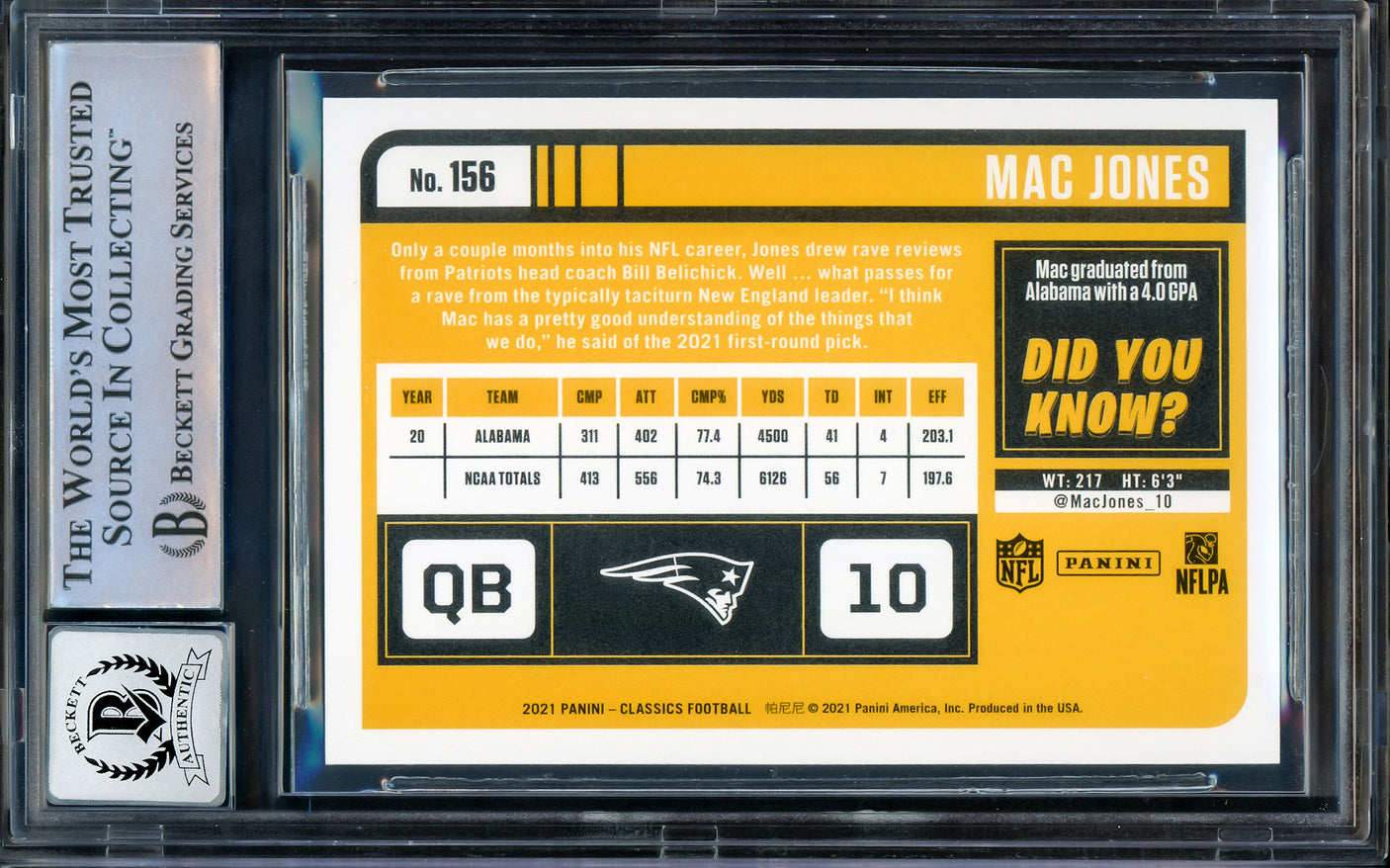Mac Jones Autographed 2021 Panini Classics Rookie Card #156 New England Patriots Auto Grade Gem Mint 10 Beckett BAS Stock #205976