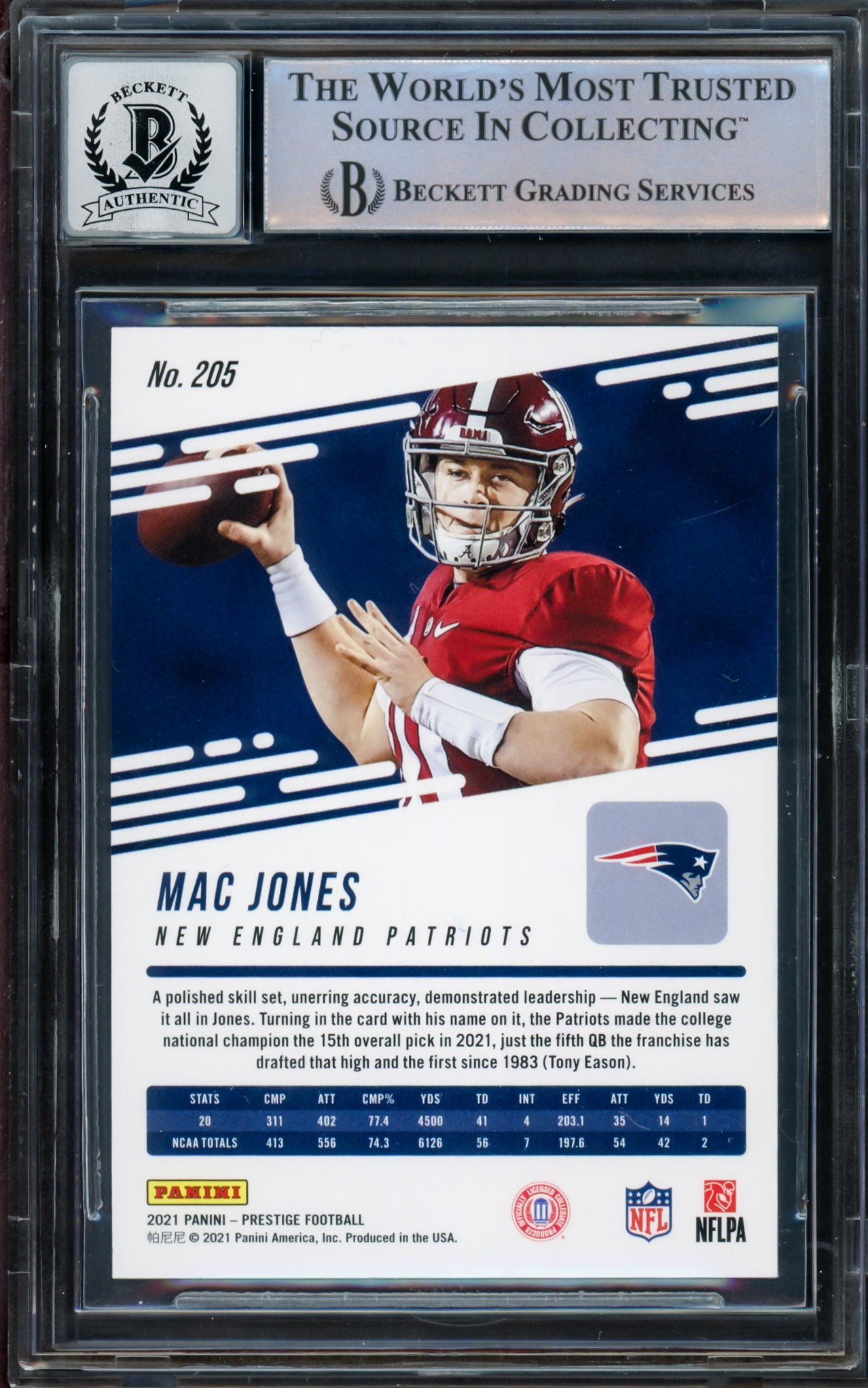 Mac Jones Autographed 2021 Panini Prestige Xtra Points Rookie Card #205 New England Patriots Auto Grade Gem Mint 10 Beckett BAS #14236019