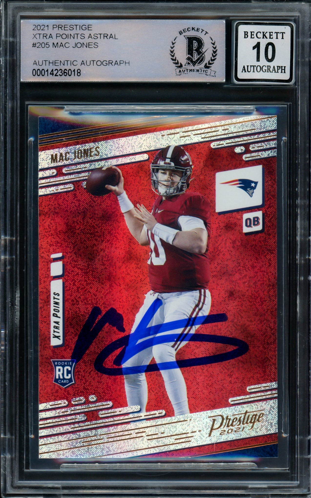 Mac Jones Autographed 2021 Panini Prestige Astral Stars Rookie Card #205 New England Patriots Auto Grade Gem Mint 10 Beckett BAS #14236018