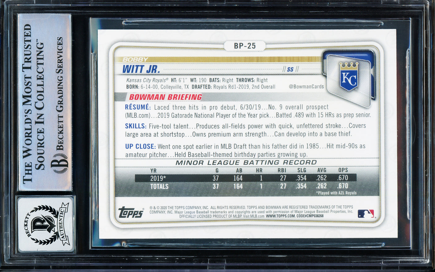 Bobby Witt Jr. Autographed 2020 1st Bowman Paper Prospects Rookie Card #BP-25 Kansas City Royals Auto Grade Gem Mint 10 Beckett BAS Stock #206064