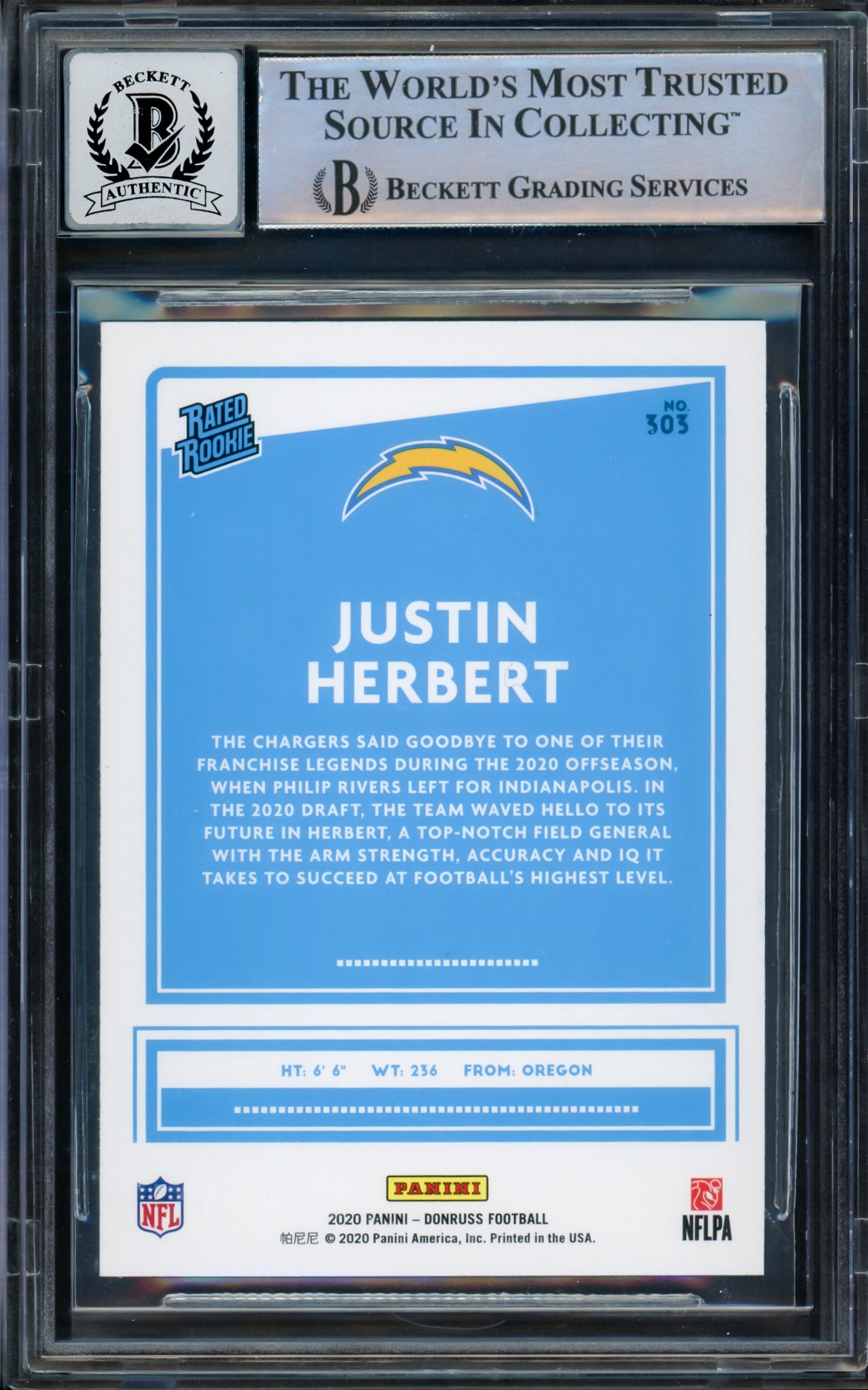 Justin Herbert Autographed 2020 Donruss Rated Rookie Blue Press Proof Rookie Card #303 Los Angeles Chargers Auto Grade Gem Mint 10 Beckett BAS #14242582