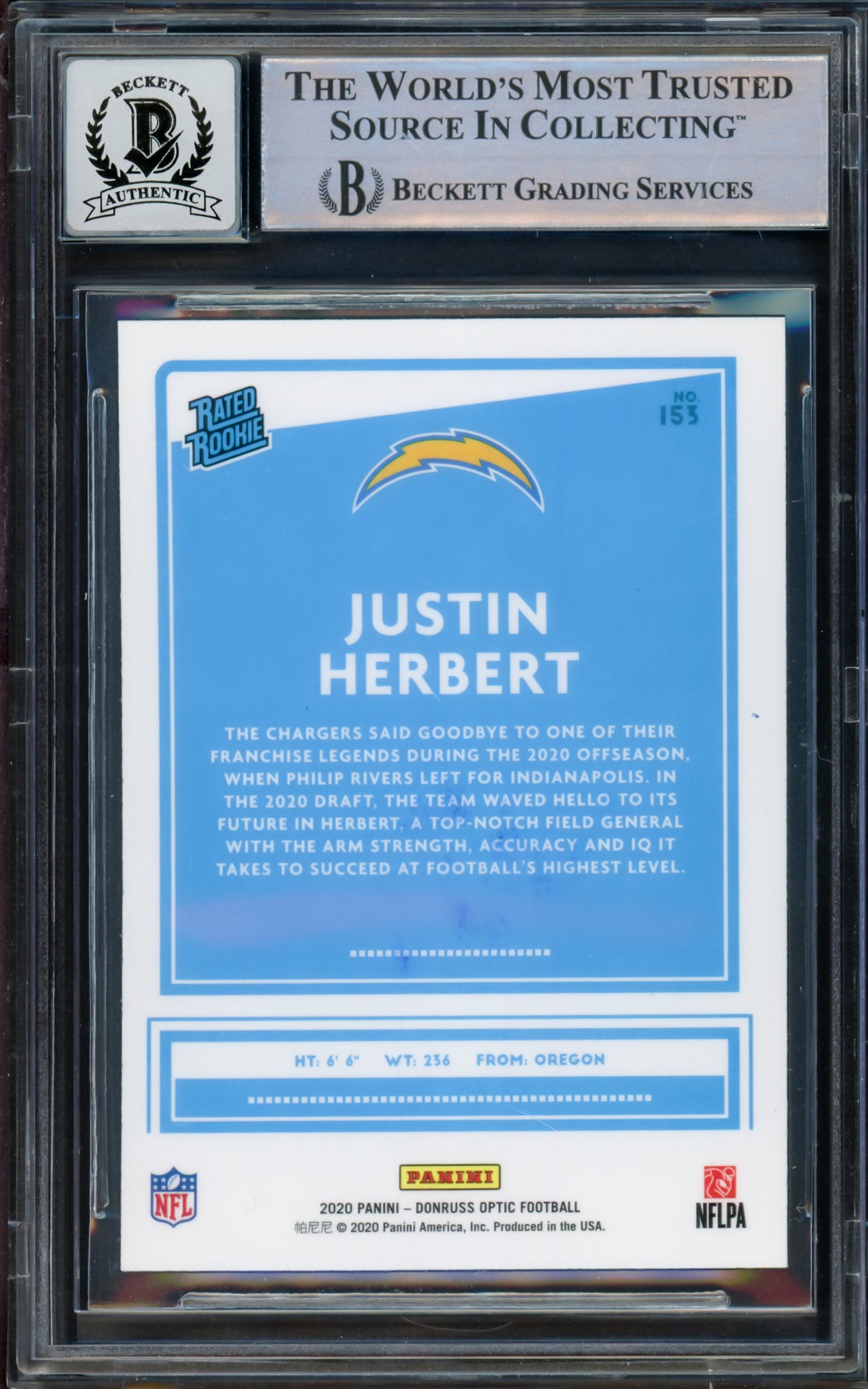 Justin Herbert Autographed 2020 Donruss Optic Rated Rookie Prizm Rookie Card #153 Los Angeles Chargers Auto Grade Gem Mint 10 Beckett BAS #14242585