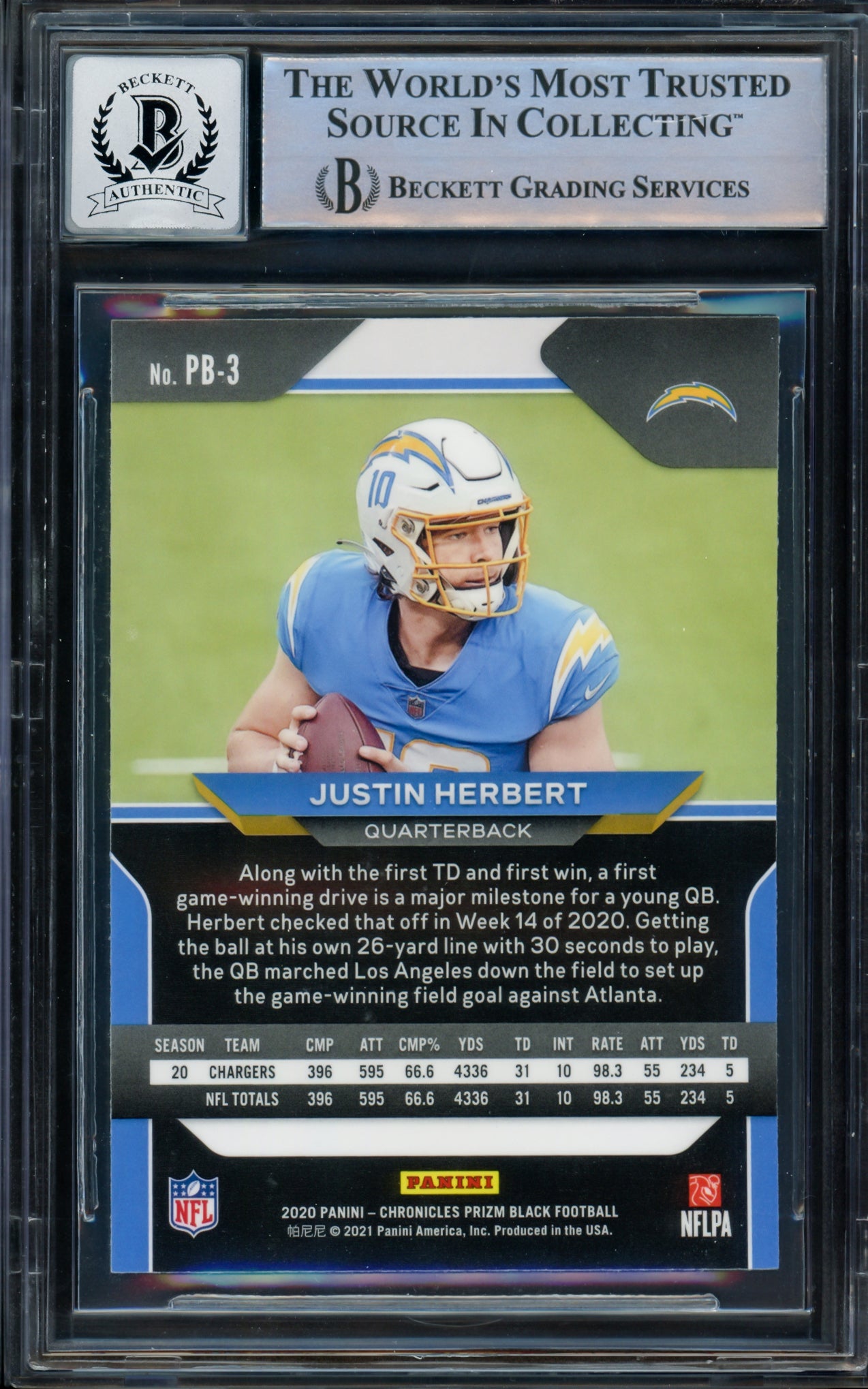 Justin Herbert Autographed 2020 Panini Prizm Black Rookie Card #PB-3 Los Angeles Chargers Auto Grade Gem Mint 10 Beckett BAS #14242611