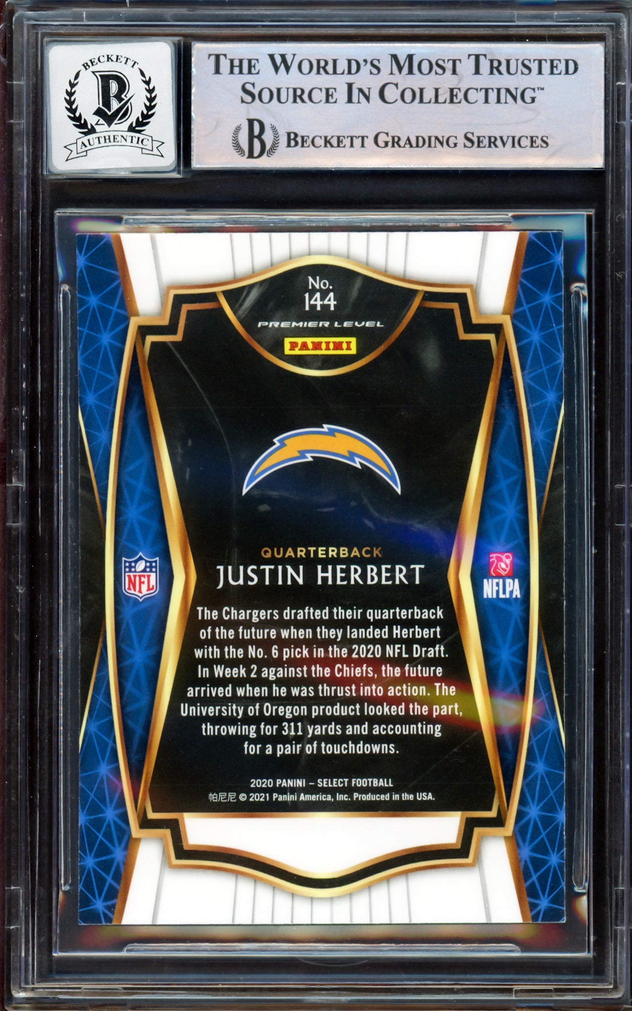 Justin Herbert Autographed 2020 Panini Select Premier Level Rookie Card #144 Los Angeles Chargers Auto Grade Gem Mint 10 Beckett BAS Stock #206095